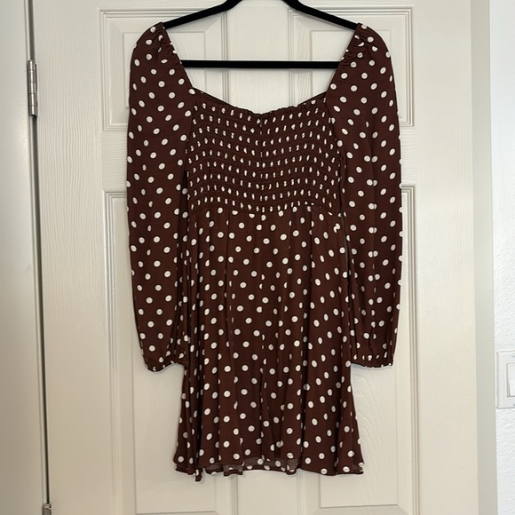 Reformation Mochi Brown Polka Dot Long Sleeve Mini Dress - Picture 7 of 7